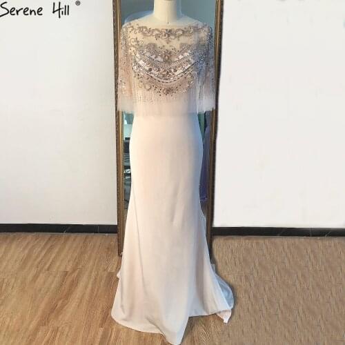 Serene Hill Navy Ivory Half Sleeve Mermaid Design Evening Dress Diamond Beading Satin Sexy Formal Party Gown 2020 CLA60881