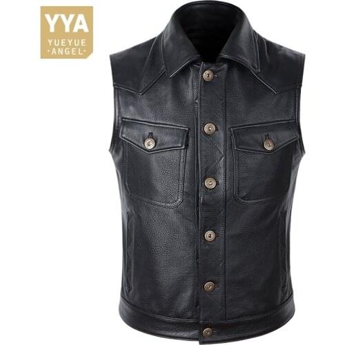 Classic Motorcycle Biker Cowhide Genuine Leather Vest Jacket Men Slim Fit Punk Single Breasted Sleeveless Waistcoat Coats Men