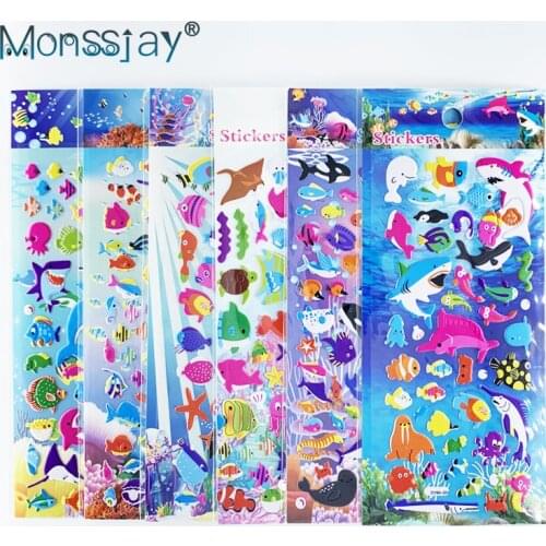 3 Sheets/set Marine Life Sea Fish Shark 3D Puffy Bubble Stickers Cartoon DIY Scrapbook Sticker For Kids Boy Girl Toy Gift
