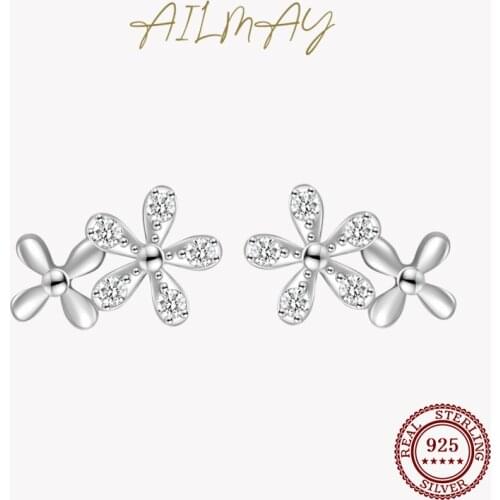 Ailmay Genuine 925 Sterling Silver Dazzling Daisy Fashion Flower Sparkling Zircon Stud Earrings For Women Statement Jewelry Gift