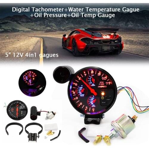 Car Digital Tachometer + Water Temperature + Oil Pressure + Oil Temp Gauge 5" 12V 4in1 Universal Car modification instrument