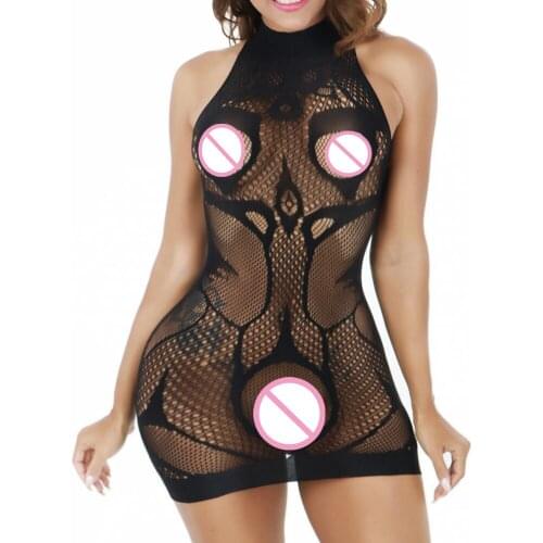 Erotic Sexy Fishnet Lingerie Lenceria High Neck Babydoll Chemise Tights Porn Mini Bodycon Dress Nightwear Sleepwear Underwear