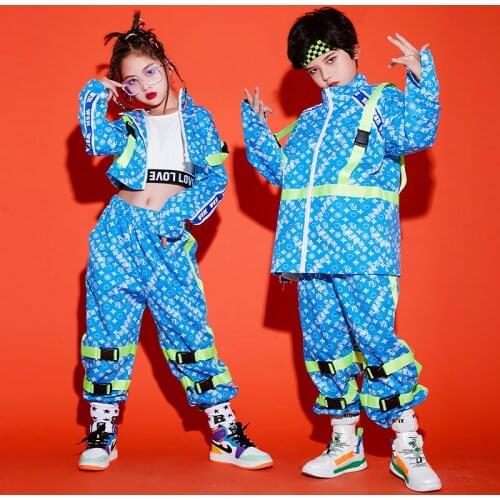 2021 Hip Hop Costume Kids Blue Shirts Boys Hiphop Loose Pants Performance Outfit Girls Jazz Dance Clothes For Children XS1818