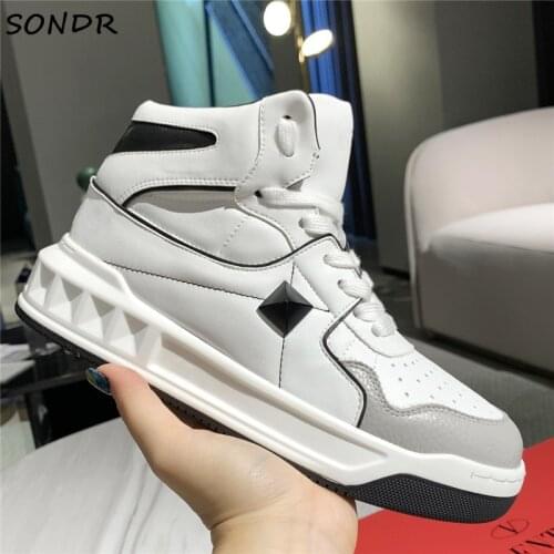 Fashion Thick Bottom Rivets Stud Sneakers Women Spring Lace Up Platform Casual Shoes Man Genuine Leather White Shoes Woman 2021