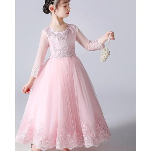 Summer Flower Children White Lace Dress Long Princess Dress Mesh Sleeve Dress Birthday Party Dress