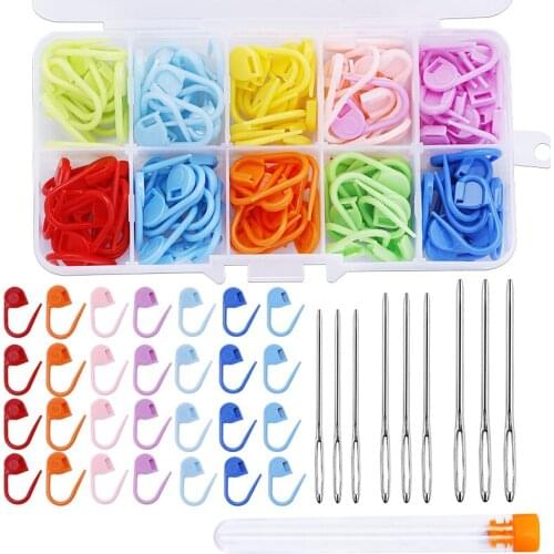 LMDZ 120pcs/lot Mix Color Plastic Knitting Tools Stitch Knitting Markers Crochet Clips with 9 Pieces Big Eye Sewing Needles
