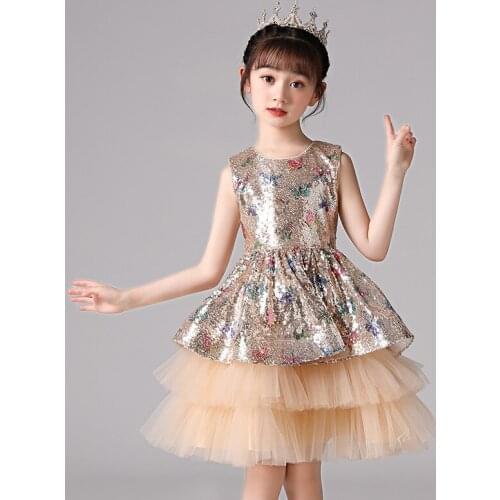 2021 New Girls Evening Dress Sequin Splicing Net Yarn Princess Dress 3-12 Years Childrens Fashion Birthday / Wedding Party Gown