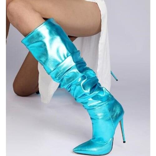 Newest Shinny Methllic Leather Folded Pleated Boots Pointed Toe Thin Heels Knee High Boots Slip on Tall Boots Drop Ship
