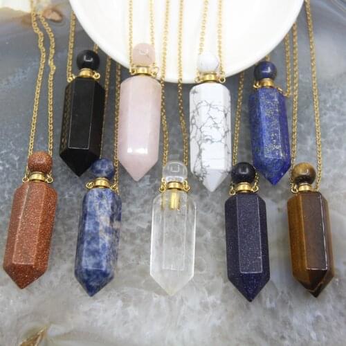Plated Gold Chains Natural Gems stone Hexagon Prism Perfume Bottle Pendants,Crystal Points Essential Oil Diffuser Vial Charms
