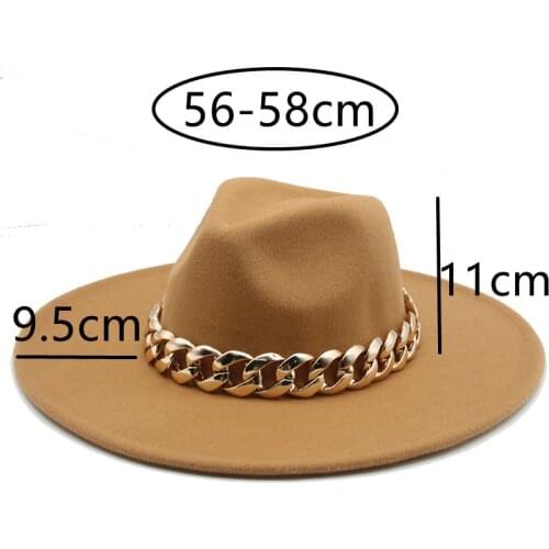Fedora hats big brim 9.5cm panama thick gold chain band belt men women hats winter autumn wide brim felted fedoras winter hats