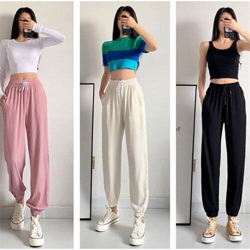 Spring Summer Women Casual Ice Silk Sweatpants Pants Loose High Waist Slim Bloomers Trousers Sportswear