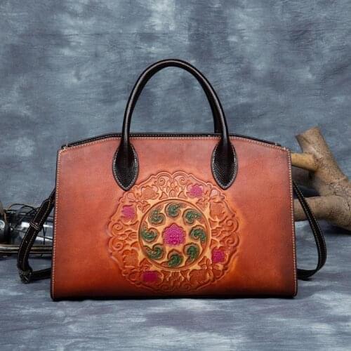 Genuine Leather Retro Embossed Handbag 2021 New Women Luxury Bag First Layer Cowhide Handmade Shoulder Messenger Bags Sac A Main