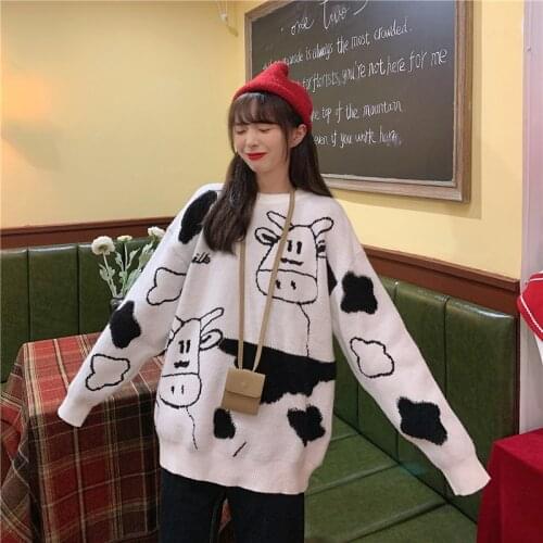 Vintage Casual Loose Lazy Cow Sweater Women Korean Harajuku Female Sweaters Japanese Kawaii Cute Ulzzang Clothing Knitted Tops