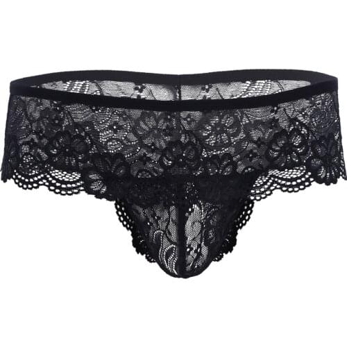 Mens Sissy Panties Homme Lingerie See Through Mesh Lace Thongs Bowknot Open Butt Jockstraps Male Bikini Briefs Underwear