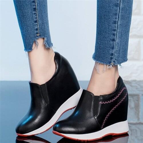 Fashion Sneakers Women Genuine Leather Wedges High Heel Vulcanized Shoes Female Round Toe Platform Pumps Shoes Low Top Loafers