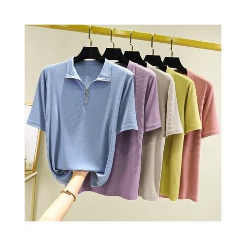 Womens Summer Large Size Modal Short-sleeved T-shirt Thin Section Solid Color Zipper Top Version Of The Slim Inner Base Shirt