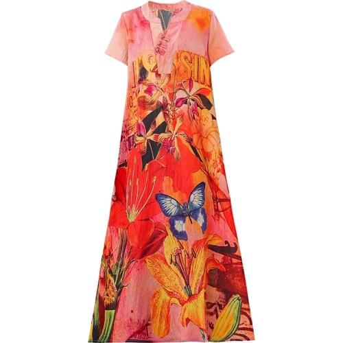 New Summer Long Floral Print Cotton And Linen Dress Women Elegant Loose Dress Ladies Short Sleeve V-Neck Dress Female Vestido