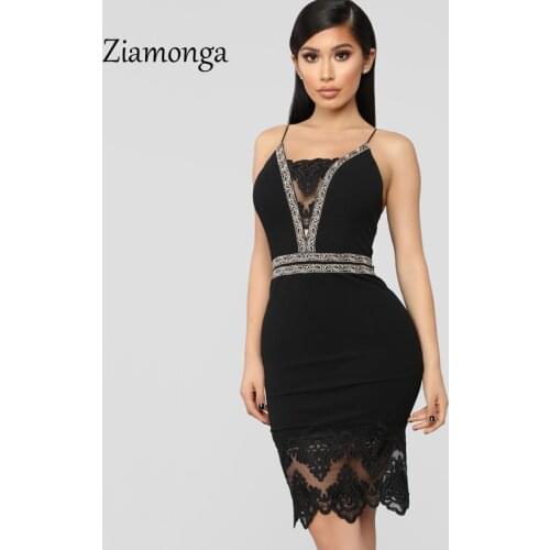 Ziamonga Elegant Lace Patchwork Women Dress Sexy Sleeveless Slim Sheath Office Dress Fitted Stretchy Bodycon Pencil Dress Femme