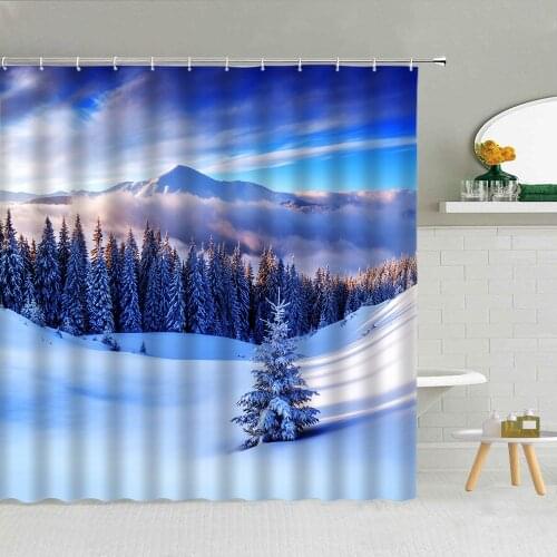 Winter Snow Scene Shower Curtains Forest Tree Mountain Snowflake House Fabric Bathroom Supplies Home Decor Hanging Curtain Set
