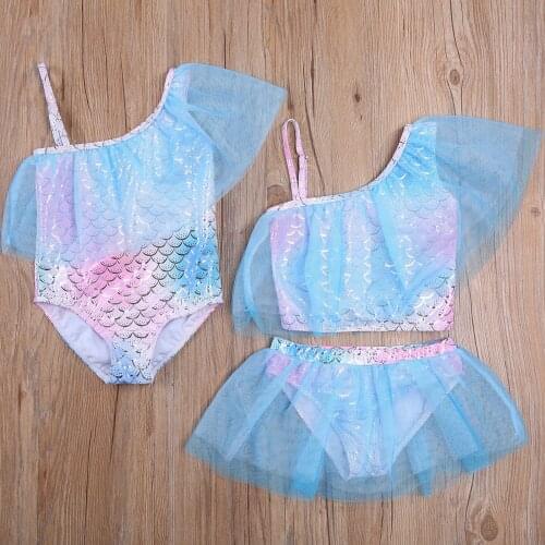 2 Styles Kids Baby Girl Summer Swimsuit/Spilt 2-Piece Suit Children Cute Fish Scale Print Gradient Mesh Swimming Wear Bikini Set
