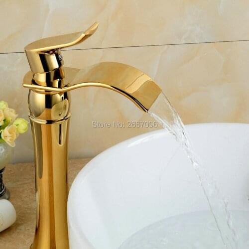 Free shipping Best Sale Design Wide Spout Brass tap Golden Waterfall Sink tap Countertop Basin Mixer Faucet Tap Bathroom ZR458