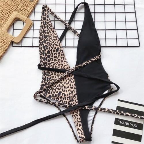 Deep V neck Wrap Around Leopard Print One Piece Swimsuit Women High leg Cut Swimwear Female Bather Bathing Suit Thong Monokini