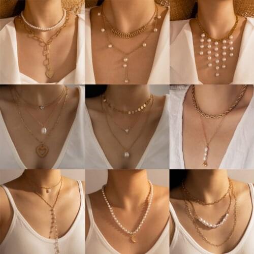 Tocona Luxury Pearl Stone Moon Pendant Necklace for Women Charms Heart Leaf Multilayer Sweater Chain Bohemian Jewelry Collar