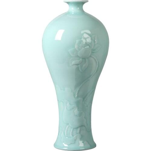 Pure Hand Engraving Jingdezhen Shadow Blue Glaze Fine Porcelain Flower Vase Home Decor Tabletop Vase