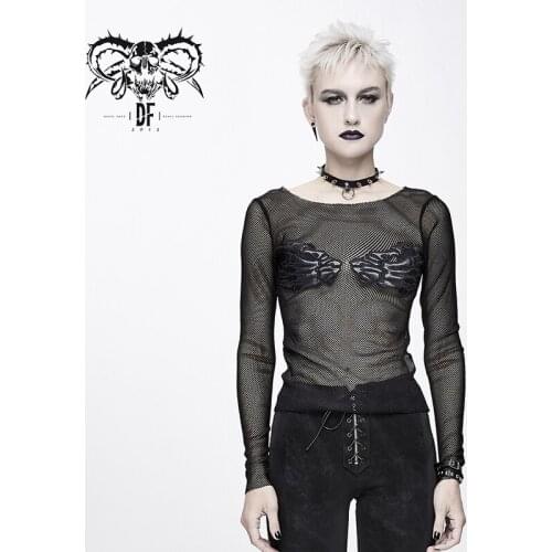 Devil Fashion Womens Gothic Mesh Long Sleeve Tops Perspective Paw Decoration Slim Fit Daily Casual T-shirts