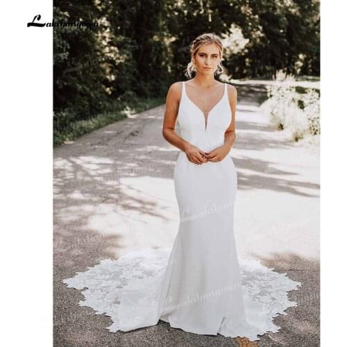 Elegant Sexy Soft Satin Mermaid Wedding Dresses Simple V-Neck Sleeveless Spaghetti Straps Backless Floor -Length Appliques Lace