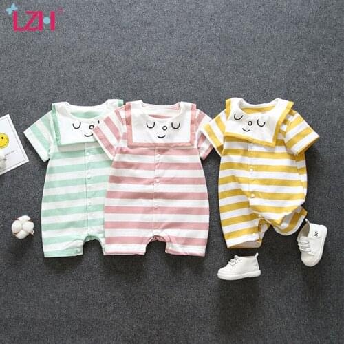 LZH 2021 Summer Thin Romper For Newborns Fashion Stripes Baby Girl Clothes Short Sleeve Jumpsuit For Toddler Cute Kids Bodysuit