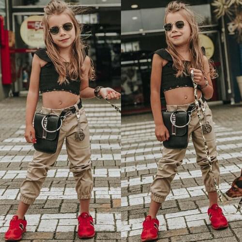 2pcs Toddler Baby Kid Girl Clothes Sets 1-5Y Sleeveless Black Lace Crop Tops T-shirt+Long Pants Outfit Set