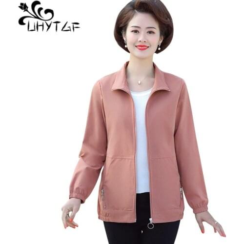 UHYTGF Mother Spring Autumn Jacket Middle-Aged Womens Casual 5XL Plus Size Coat Solid Wild Zipper Thin Windbreaker Outwear 1688
