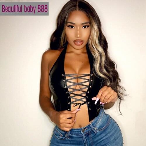 Meqeiss Punk style sexy hollow out leather camisole women bandage crop tops club party night wear black vest high quality female