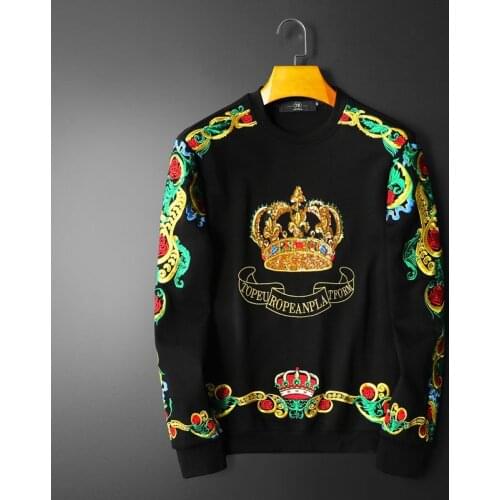 Embroidery Sequin Crown Sweatshirts Men Luxury Gold Black Sudadera Hombre Baroque Club Outwear Sweat Homme Harajuku Sweatshirt