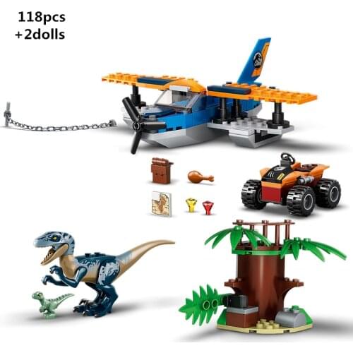 NEW Velociraptor Biplane Rescue Mission Building Blocks Jurassiced Dinosaur Park World Classic Movie Model Kit Bricks Kids Toys