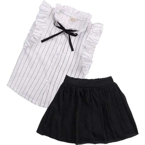 Newborn Baby Girls Sleeveless Single Breasted Striped Shirt Blank Skirt 2PCS Outfit Wedding Party Sunsuit Kids Clothes Sets