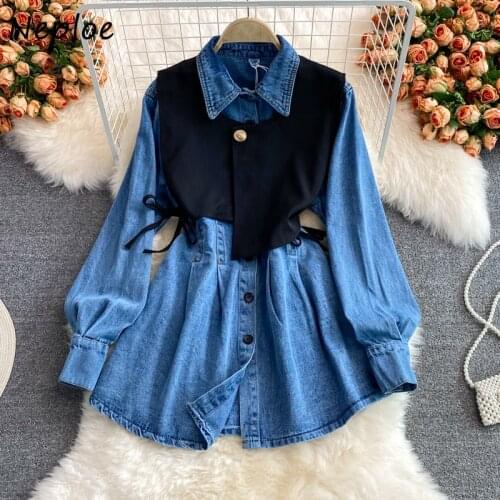 Neploe 2021 Autumn New Retro French Style Long Sleeve Single Breasted Denim Shirts + Drawstring Slim Waist Vest Two-piece Sets