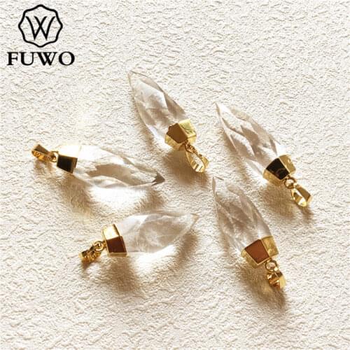 FUWO Carved Crystal Quartz Point Pendant 24k Gold Electroplated Natural Semi-precious Stone Jewelry Accessories Wholesale PD136