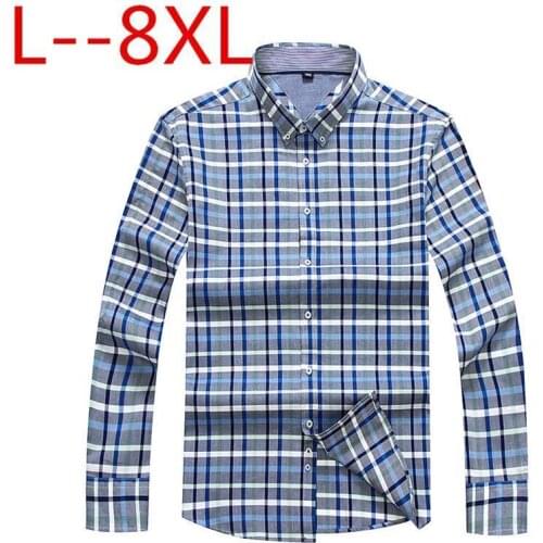 Big size 8XL 7XL plaid Mens shirt Long Sleeve Shirt Mens Dress Shirts Brand Casual Fashion Business Style Shirts 100% Cotton