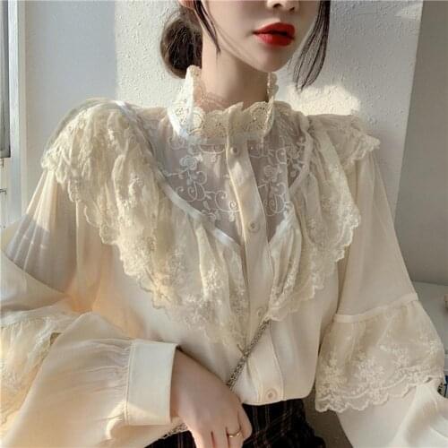 New Fashion Loose Embroidery Shirt Korean Style Lace Stand Collar Lantern Sleeve Women Shirt for Daily Wear Vintage Lace Shirts