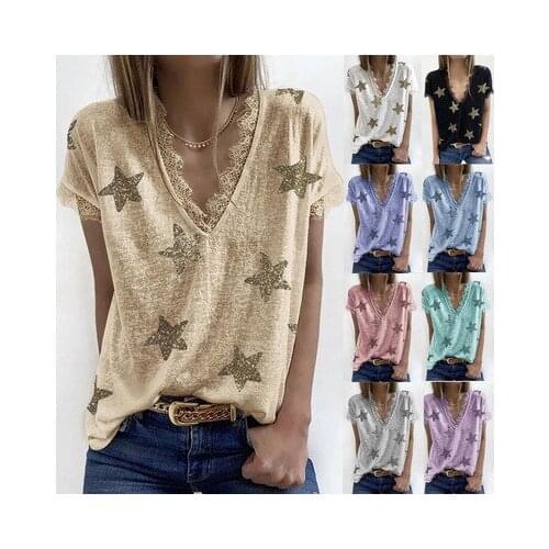 S-5xl Large Womens 2021 Summer Fashion New Loose Fitting Womens Top V-neck Five Pointed Star Printed Lace Short Sleeve T-shirt