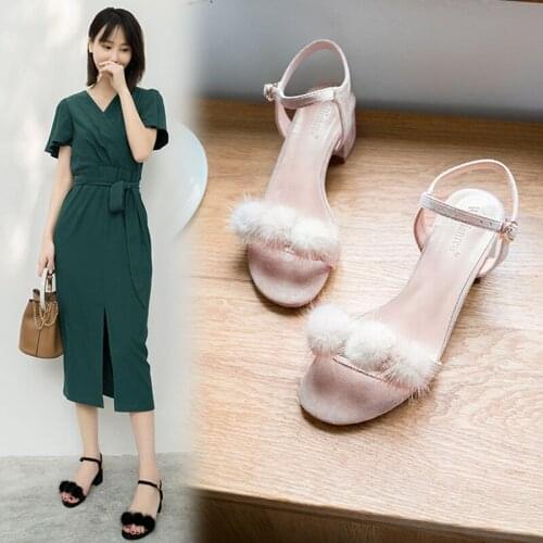 Fur Balls Deocration Sandals Women Plus Size Shoes Summer Thin Band Slippers Roma Gladiator Flipflops Thick High Heels Sandalias