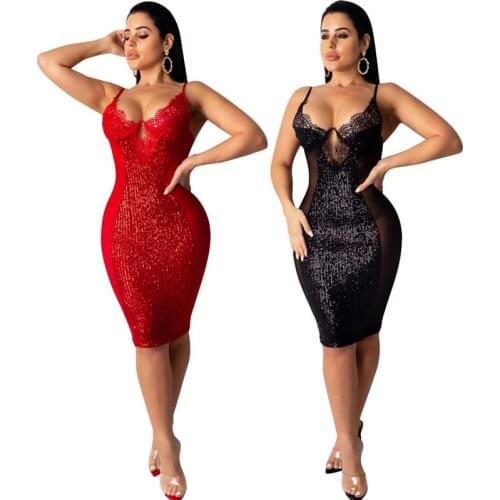 Sexy Lace See Through Suspender Dress Women Club Bodycon Backless Sequin Midi Dress Elegant Hollow Out Evening Party Shiny Dress