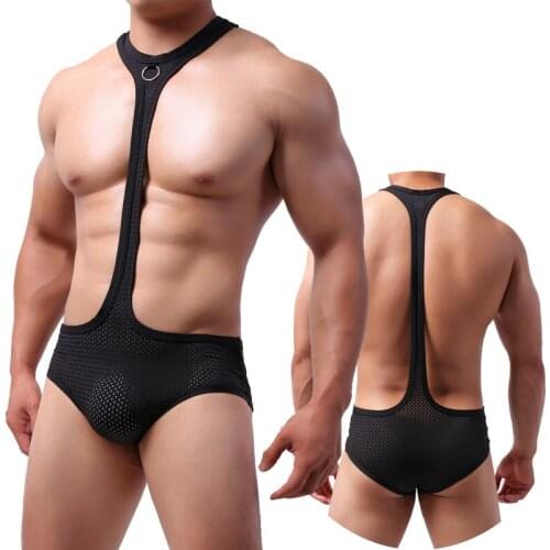 Sexy Mens Undershirts One-Piece Leotard Mesh Bodysuits Wrestling Singlet Jumpsuits Penis Pouch Briefs Underwear Mens Bodyshaper
