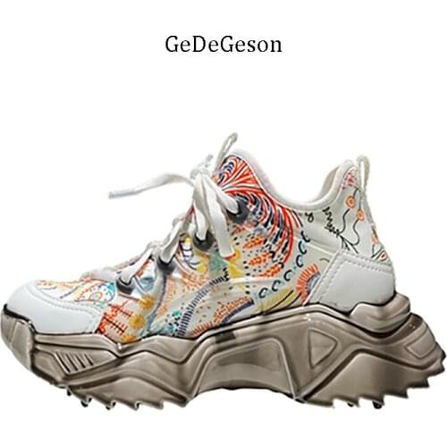 High Tech Light Rubber Sole Shoes Women Genuine Cowhide Leather and PVC Upper Lace-up Wedges Tall Leisure Style New 2021