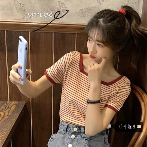 Woman TShirts Short-Sleeved T-shirt Female 2020 nian Vintage Stripe Square Collar Top Crop Top Mujer Camisetas