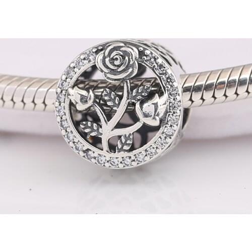 Authentic S925 Bead fit Lady Bracelet Bangle For Women DIY Jewelry Openwork Rose Flower Charm