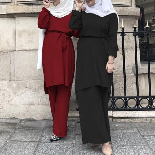 Abaya Dubai Muslim Tops Ensemble Femme Musulmane 2 Pieces Pantalon Oman Pakistan Turkish Islamic Clothing Women Hijab Dress Set