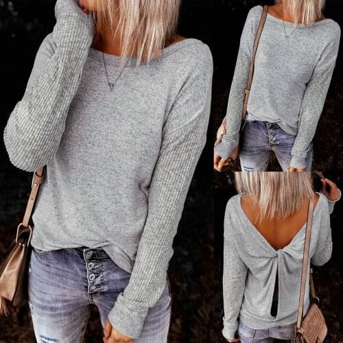 Womens Fashion Round Neck Twisted Hollow Long Sleeve Top Gray